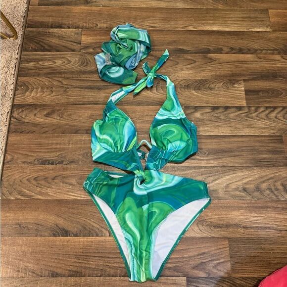 Green Swirl One Piece Swimsuit - Picture 1 of 4